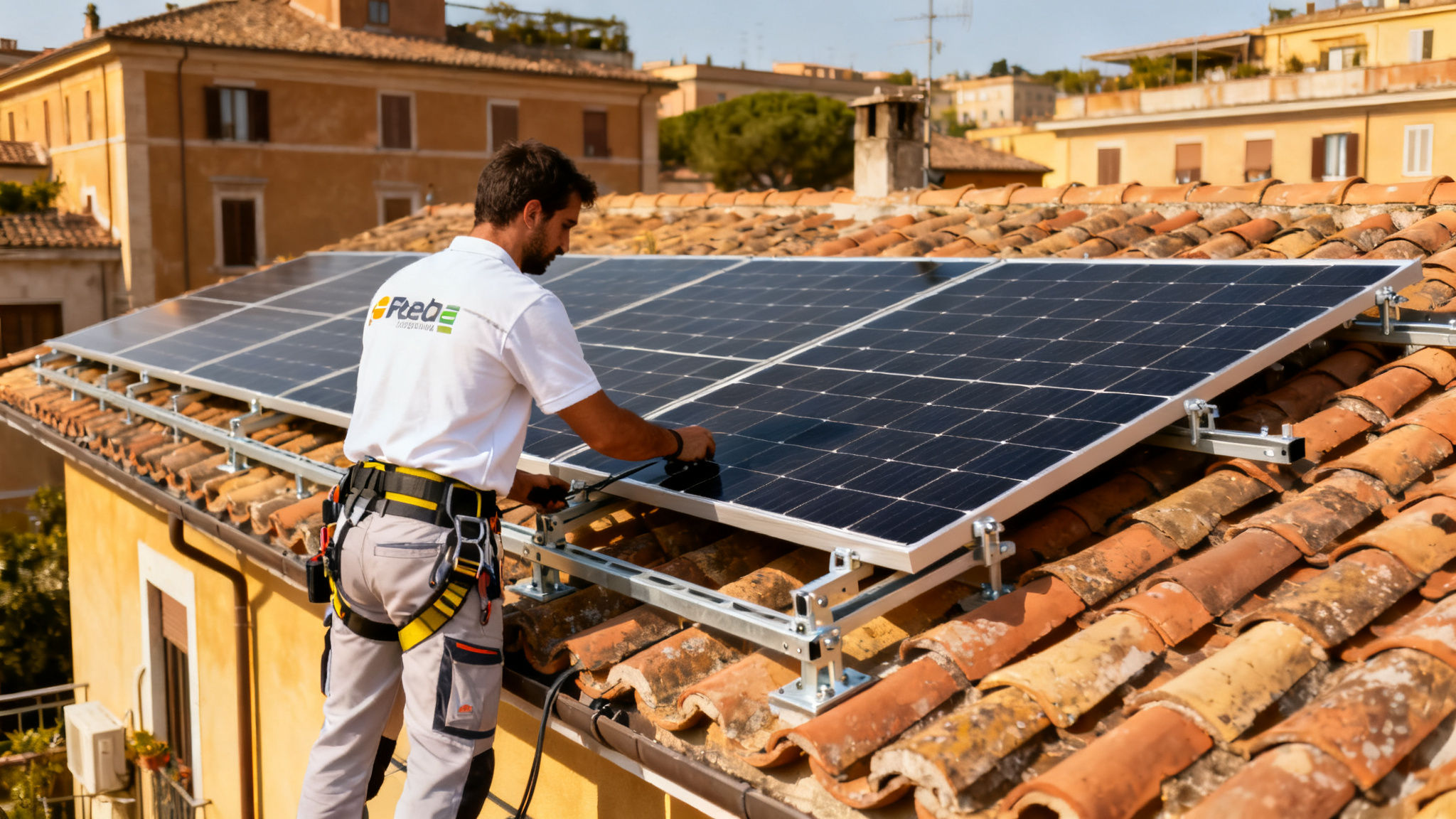 Pannelli solari Malafede Roma - Tecnico installa impianto fotovoltaico su tetto residenziale
