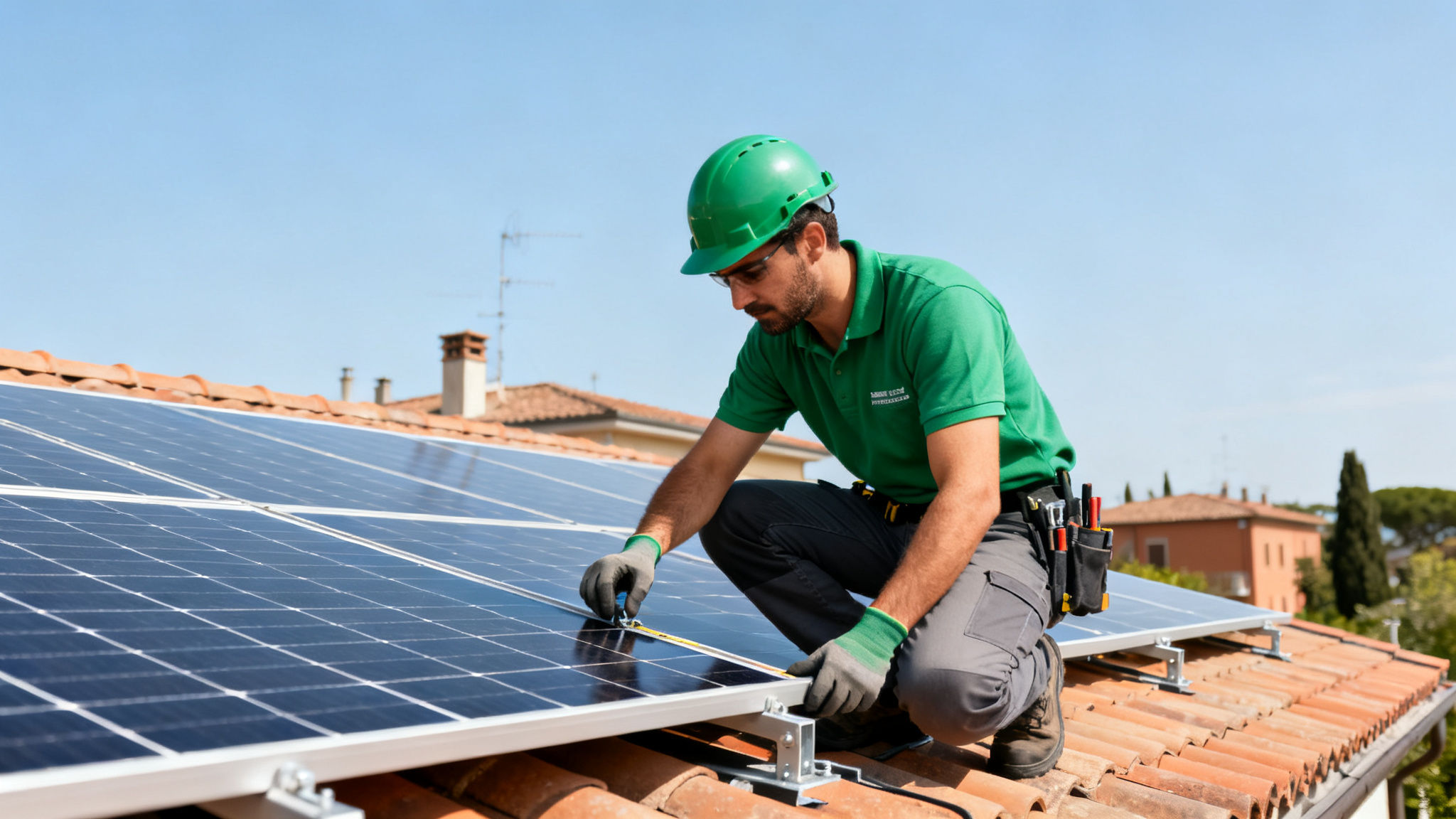 Pannelli solari Olgiata – San Godenzo Roma - technician mounting panels on roof