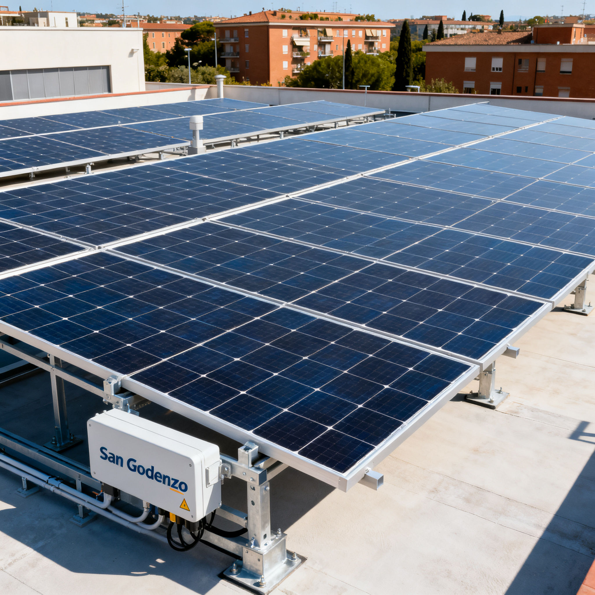 Pannelli solari Olgiata – San Godenzo Roma - commercial rooftop installation with neat panel arrangement