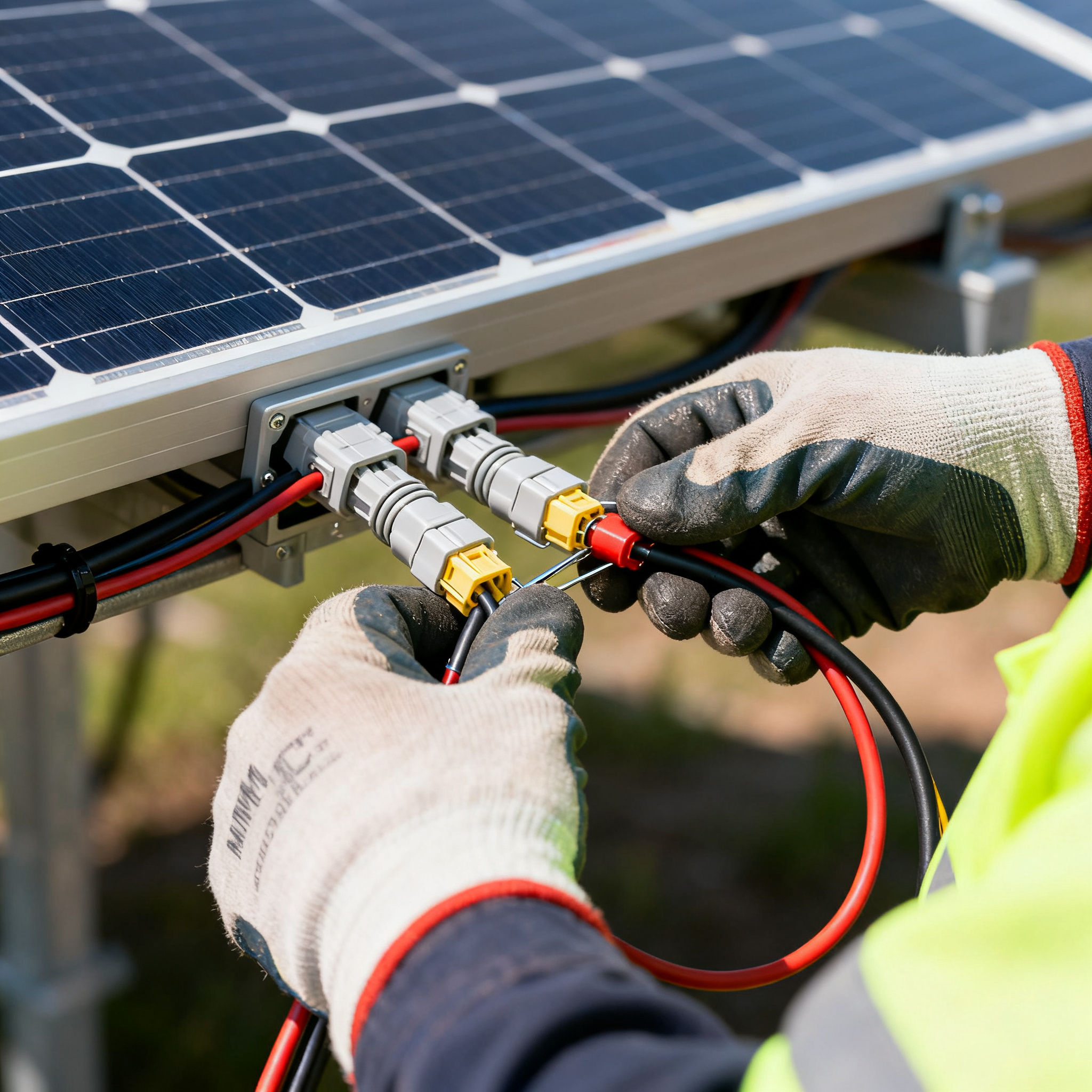 Pannelli solari Olgiata – San Godenzo Roma - Dettaglio del collegamento cavi pannelli fotovoltaici da tecnico specializzato