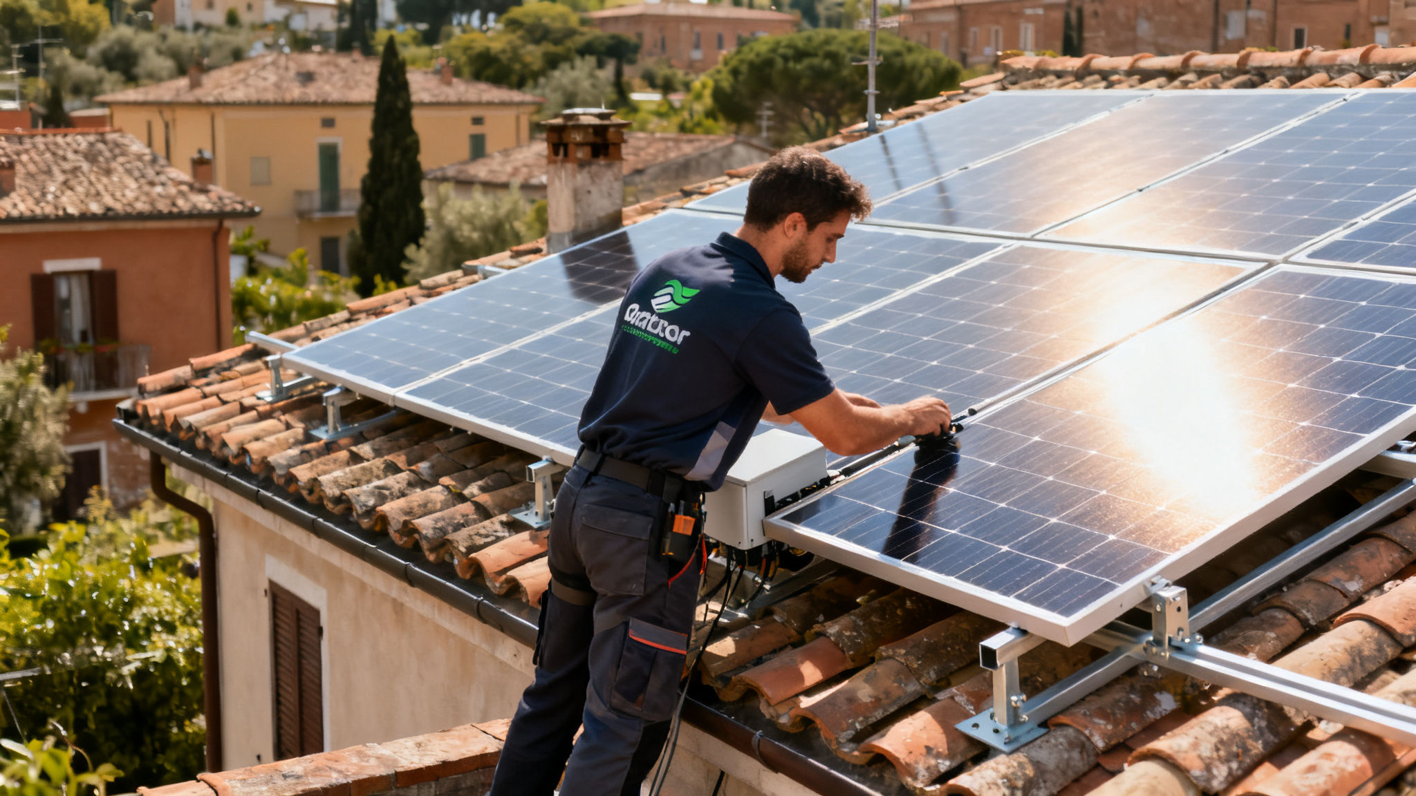 Pannelli solari Quarticciolo Roma - installazione su tetto residenziale con tecnico in divisa