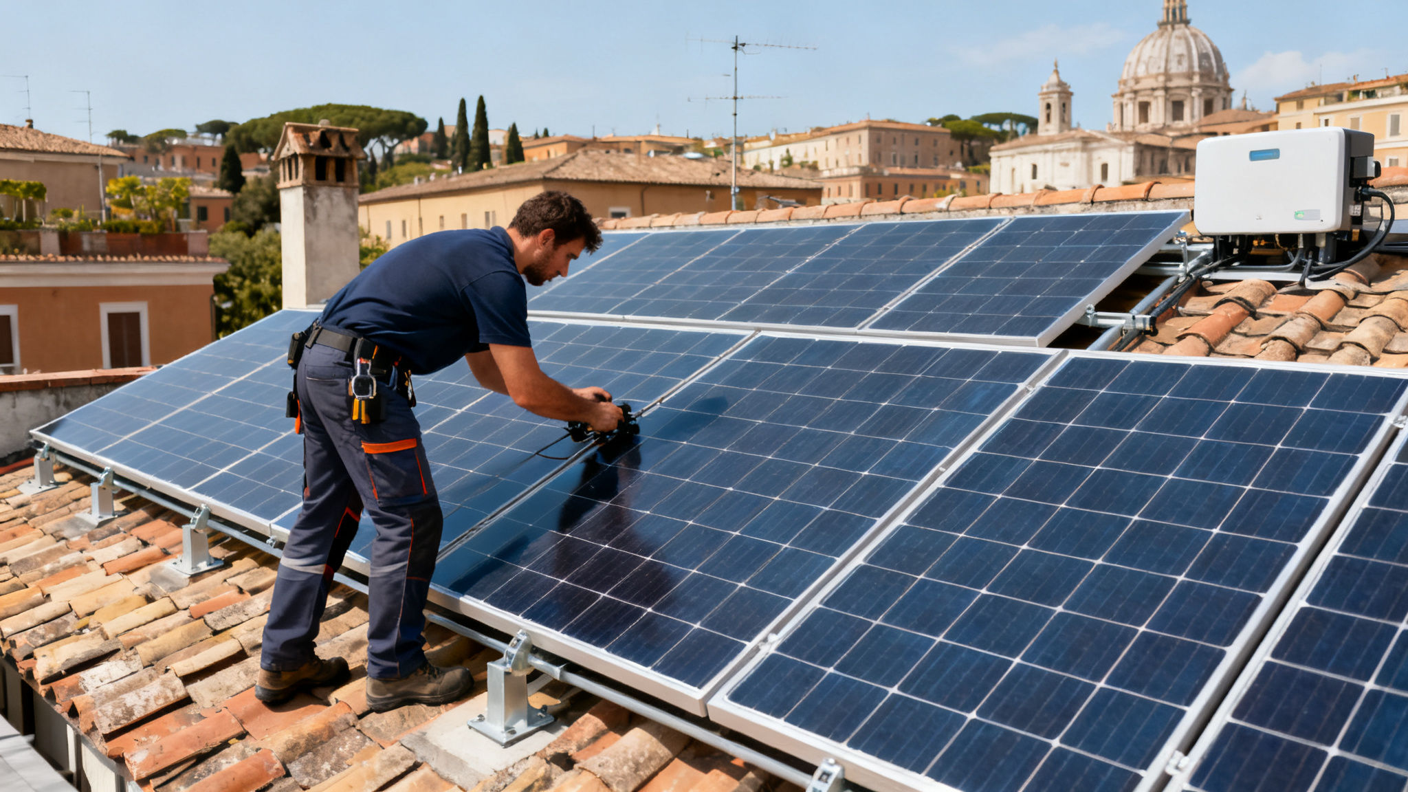 Pannelli solari Trastevere Roma - Tecnico installa pannelli fotovoltaici su tetto residenziale